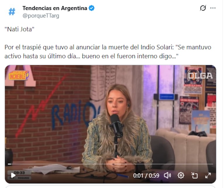 Nati Jota se convirtió en TT en X por su comentario sobre el Indio Solari.