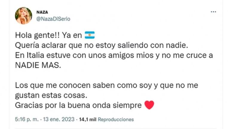 Nazarena Di Serio habló del rumor de romance con el futbolista Nicolás González