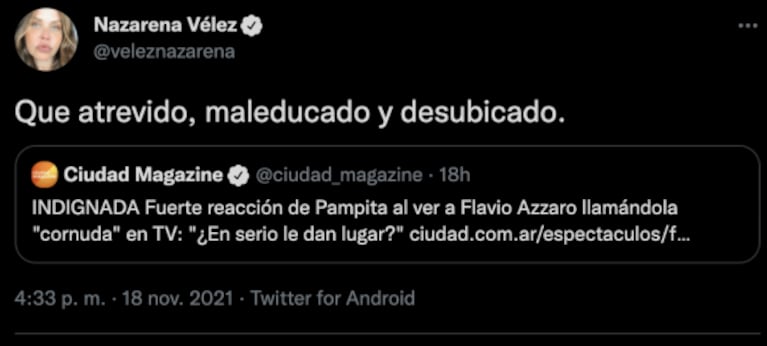 Nazarena Vélez apuntó contra Flavio Azzaro por haberle dicho "cornuda" a Pampita: "Atrevido y desubicado"
