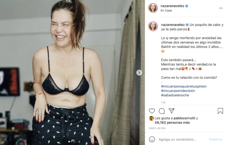 Nazarena Vélez compartió fotos sin retoques y habló de su relación con la comida: "Vengo comiendo por ansiedad"