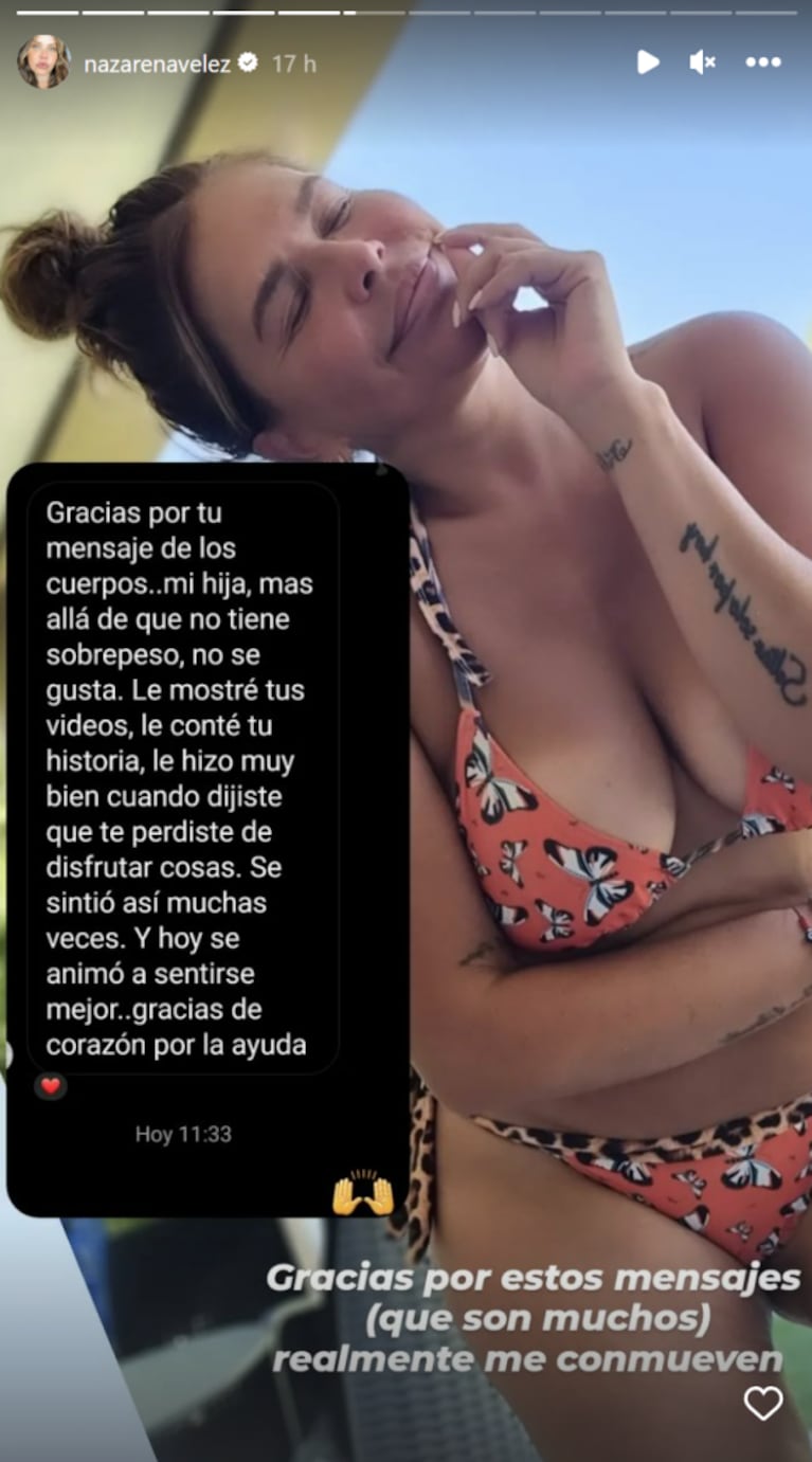 Nazarena Vélez posó en bikini y reaccionó ante los elogios: "Gracias por tu mensaje sobre los cuerpos"