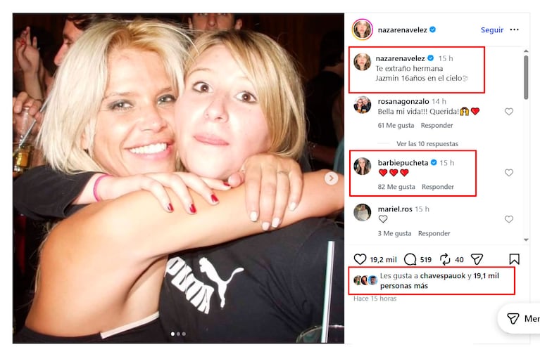 Nazarena Vélez recordó a su hermana Jazmín a 16 años de su trágica muerte (Foto de Instagram)