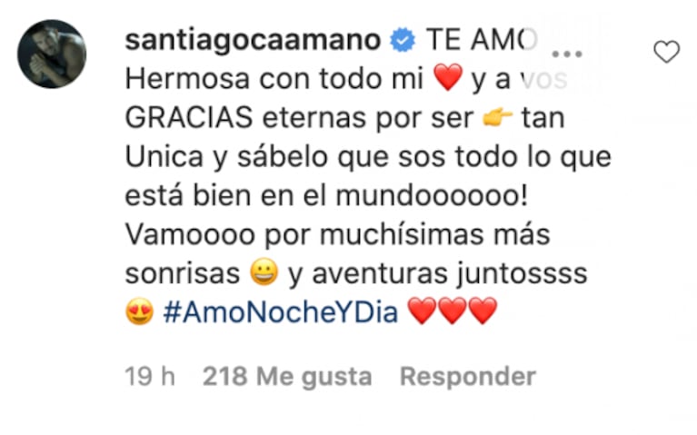 Nazarena Vélez sorprendió a su novio Santiago Caamaño con una profunda declaración de amor: "Él me hace bien"