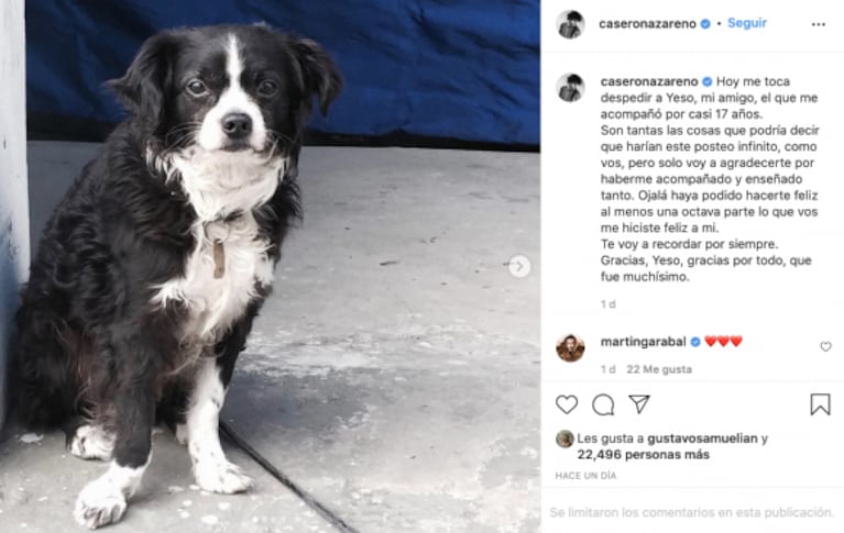 Nazareno y Alfredo Casero lamentaron la muerte de su perro: "Se fue el Yeso"