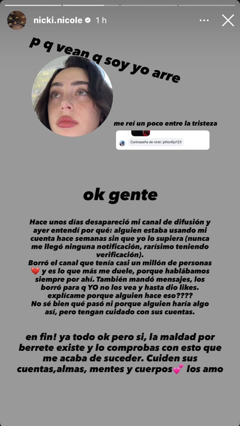 Nicki Nicole denunció que le hackearon en Instagram (Foto: captura @nicki.nicole).