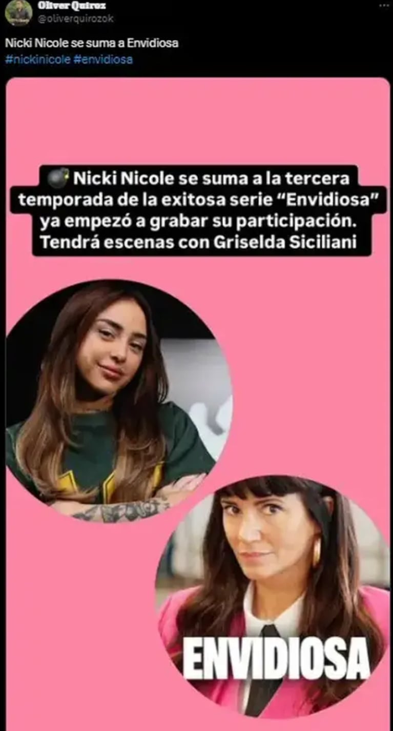Nicki Nicole se suma a Envidiosa. Foto: X | oliverquirozok