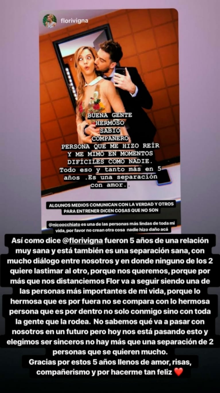 Nico Occhiato dio detalles del fin de la pareja con Flor Vigna: "Es una separación sana, con mucho diálogo"