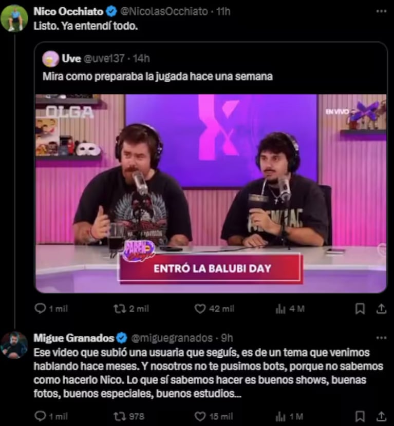Nico Occhiato y Migue Granados se cruzaron en redes. Foto: X