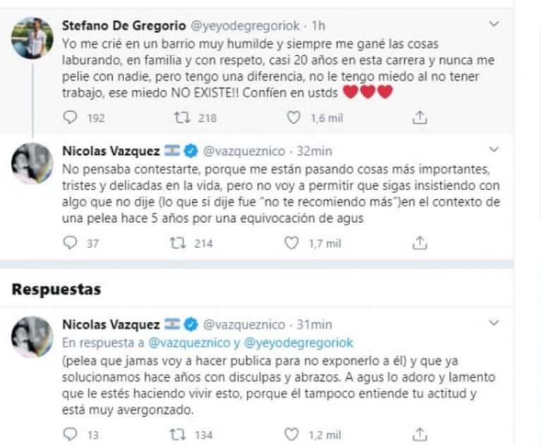 Nico Vázquez cruzó duro a Stefano de Gregorio: "Seguís demostrando lo mala persona que sos; ¡qué decepción!"