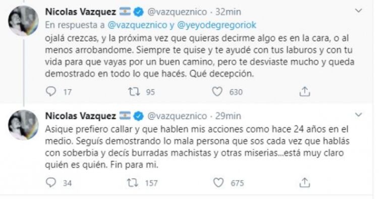 Nico Vázquez cruzó duro a Stefano de Gregorio: "Seguís demostrando lo mala persona que sos; ¡qué decepción!"