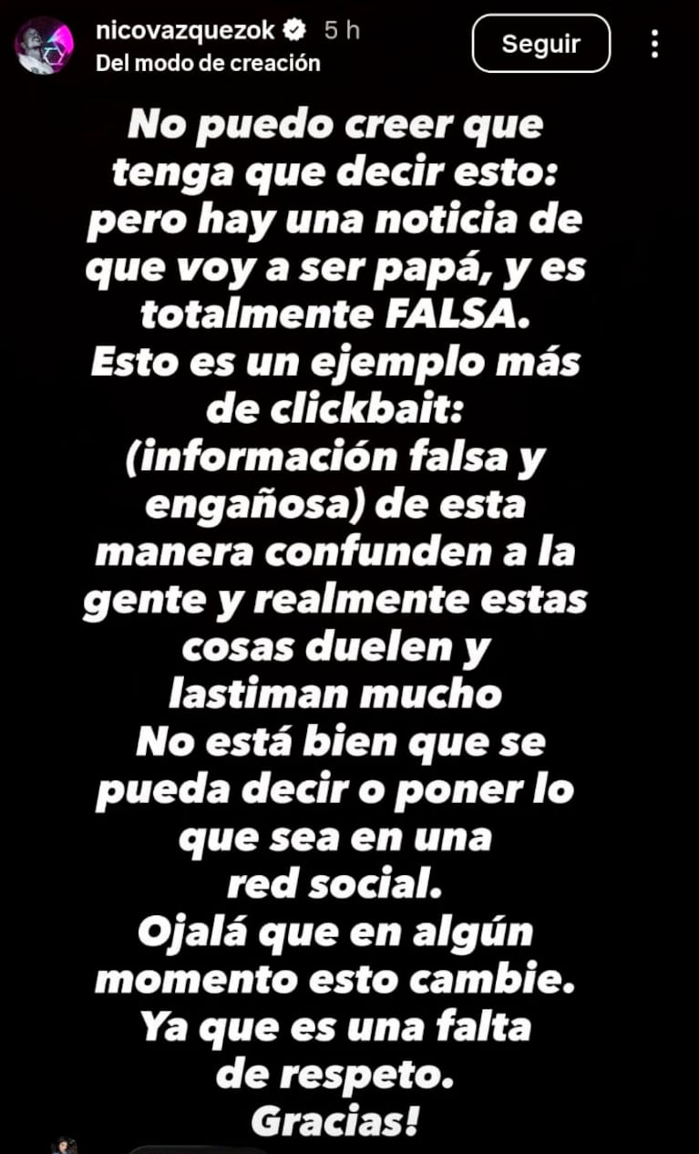 Nico Vàzquez, enojado por una falsa noticia (Foto: Instagram)