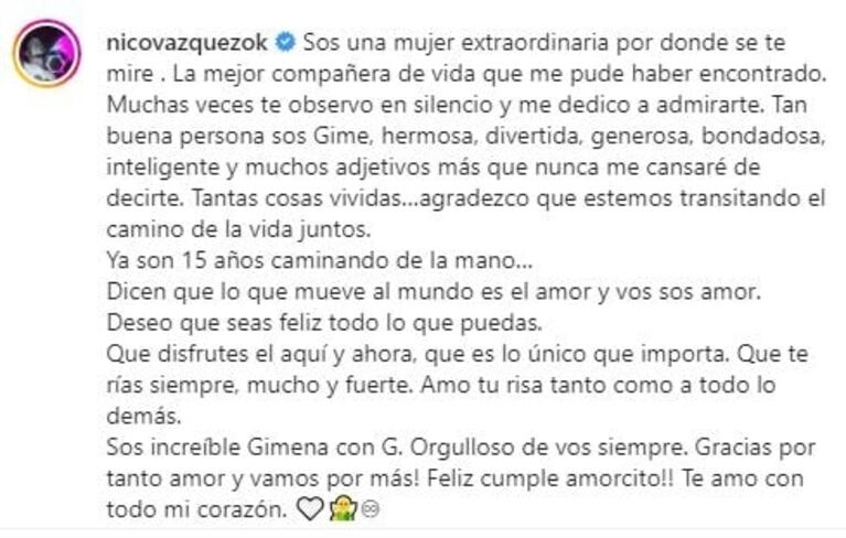 Nico Vázquez le dedicó a Gimena Accardi un profundo posteo por su cumpleaños: "Tantas cosas vividas"