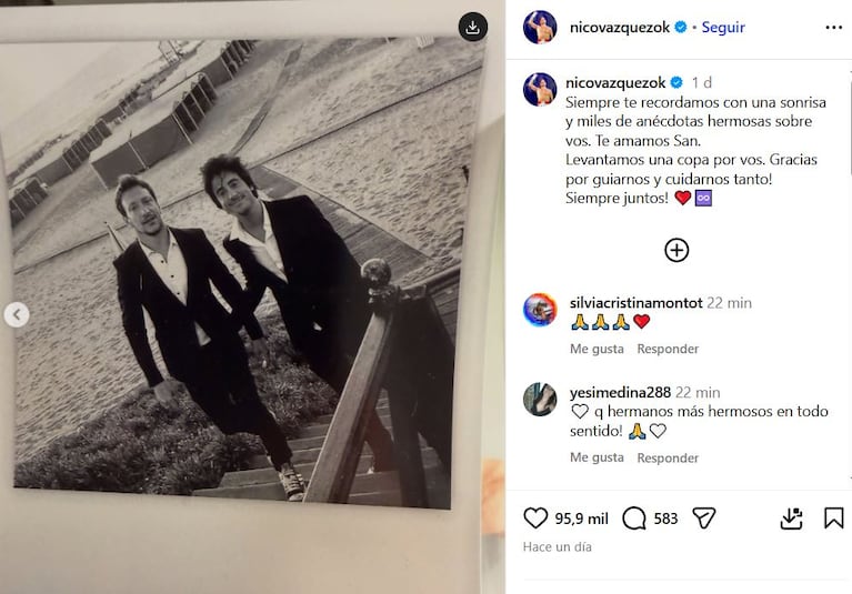 Nico Vázquez recordó a su hermano Santiago (Foto: captura de Instagram/@nicovazquezok).