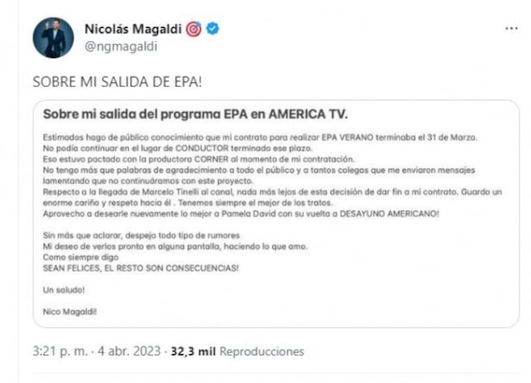 Nicolás Magaldi desmintió conflictos con Marcelo Tinelli y aclaró su salida de América