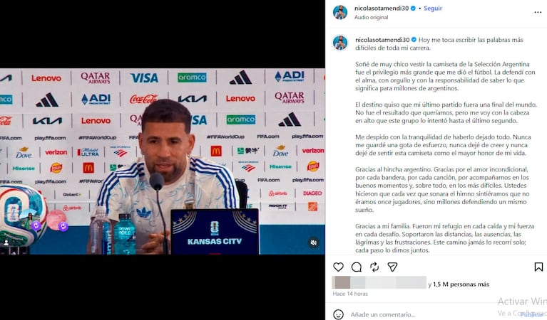 Nicolás Otamendi anunció su retiro de la Selección Argentina (foto de Instagram @nicolasotamendi30)