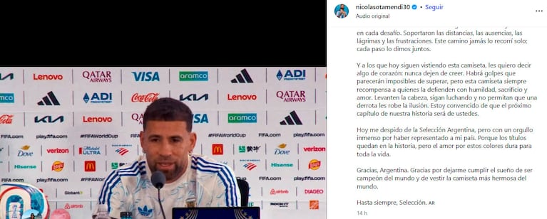 Nicolás Otamendi anunció su retiro de la Selección Argentina (foto de Instagram @nicolasotamendi30)