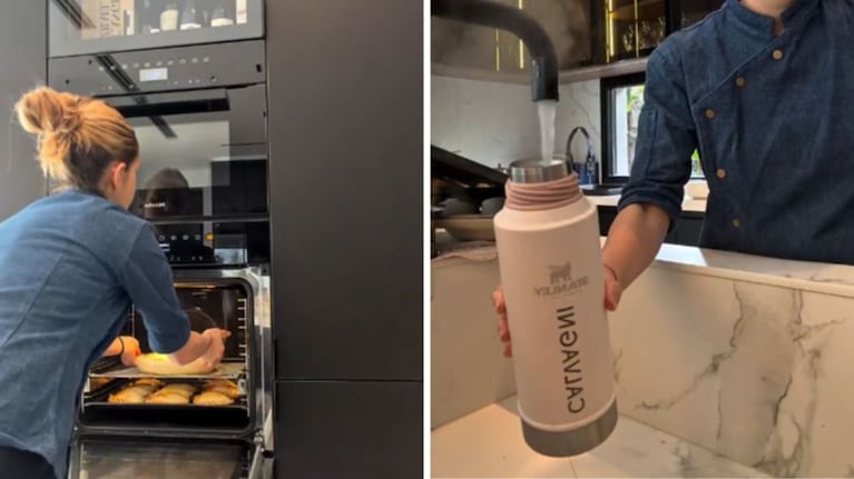 Nicolás Tagliafico y Caro Calvagni en la cocina de su casa de Canning. Crédito: Instagram.