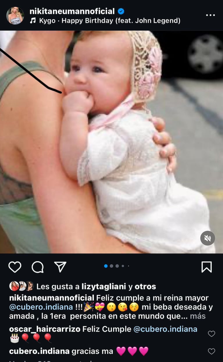 Nicole Neumann saludó a Indiana Cubero por su cumpleaños número 16 (Foto: captura de Instagram).