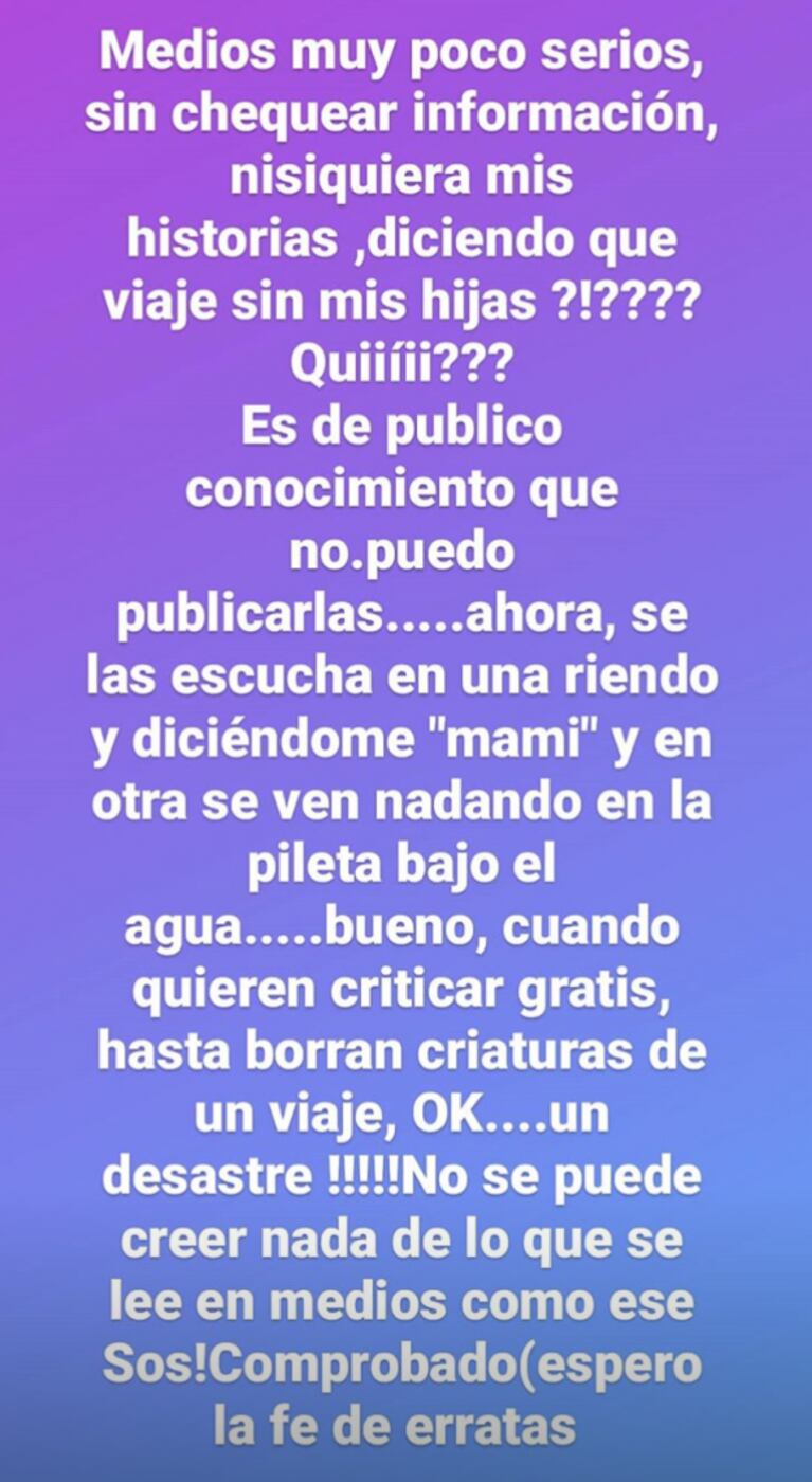 Nicole Neumann viajó con sus hijas a Miami para festejar su cumple y lanzó un furioso descargo: "Harta de la información falsa"