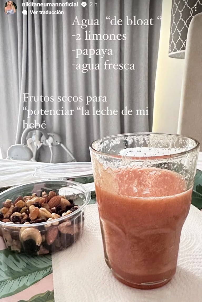 Nicole toma agua de bloat y come frutos secos.
