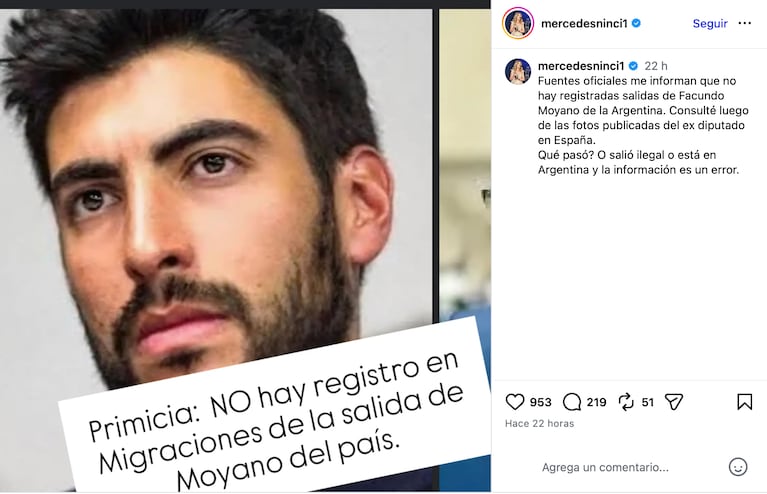 No hay registro en Migraciones de la salida de Moyano del país (Foto: Instagram @mercedesninci1)