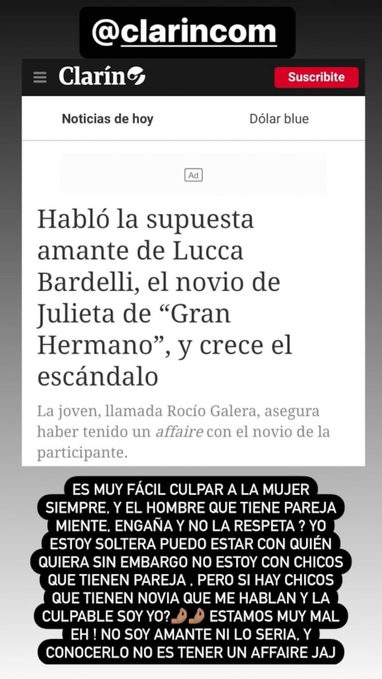 "No sabía nada": el descargo de Rocío Galera, señalada como la amante del novio de Julieta Poggio, Lucca Bardelli