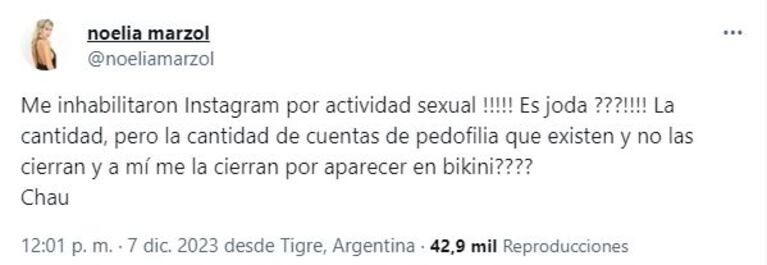 Noelia Marzol hizo un descargo en Twitter. 