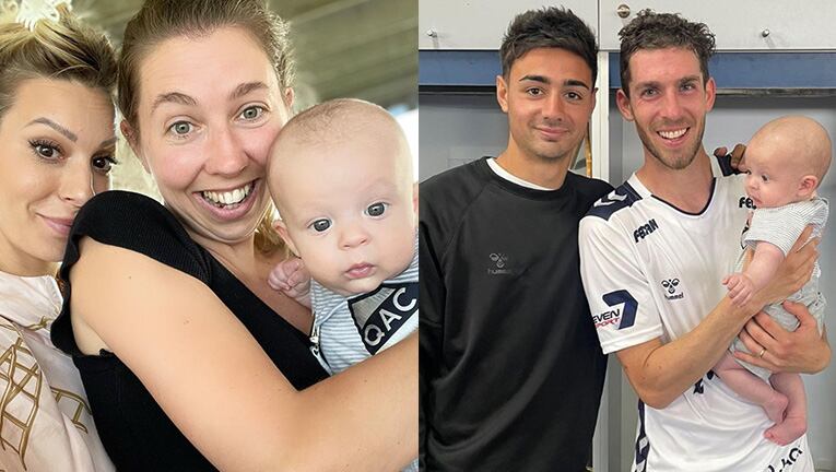 Noelia Marzol llevó a su bebé a ver jugar a su papá al fútbol.