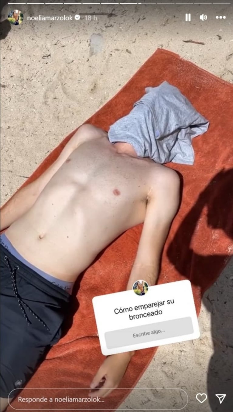Noelia Marzol se cansó del bronceado desparejo de su marido y lo mandó al frente