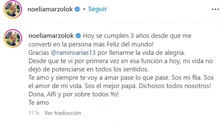 Noelia Marzol y Ramiro Arias celebraron su tercer aniversario de casados