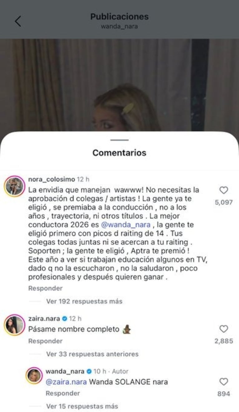Nora Colosimo defendió a Wanda Nara de las críticas por su premio en los Martín Fierro 2026 (Foto: Instagram).