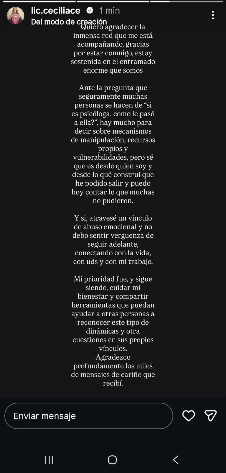 Nuevo descargo de Cecilia Ce en Instagram.