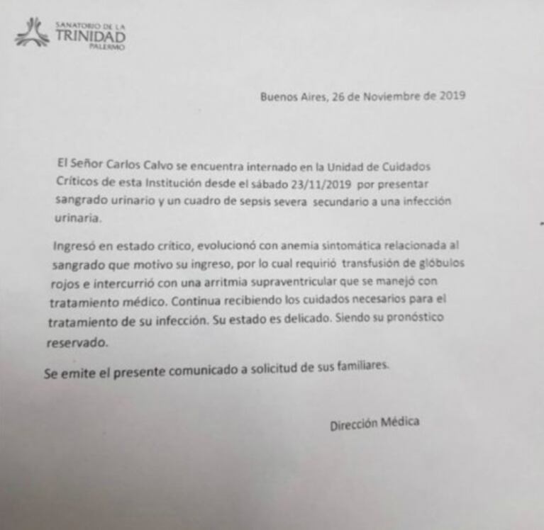 Nuevo parte médico de Carlín Calvo: sufrió una arritmia