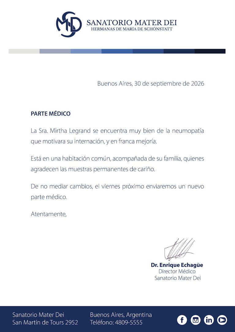 Nuevo parte médico de la salud de Mirtha Legrand (Foto: Sanatorio Mater Dei).
