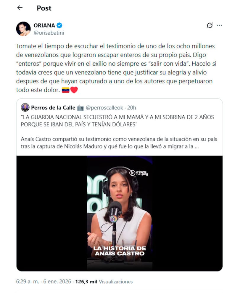 Oriana Sabatini apoyó a Anaís Castro (redes sociales)