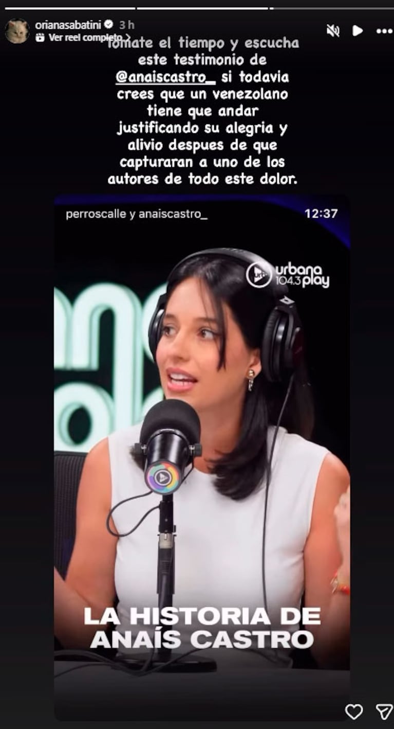 Oriana Sabatini apoyó a Anaís Castro (redes sociales)