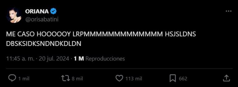 Oriana Sabatini desde su cuenta de X.