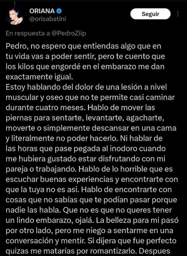 Oriana Sabatini respondió a las críticas por hablar de su embarazo: “No voy a mentir”. Crédito: X