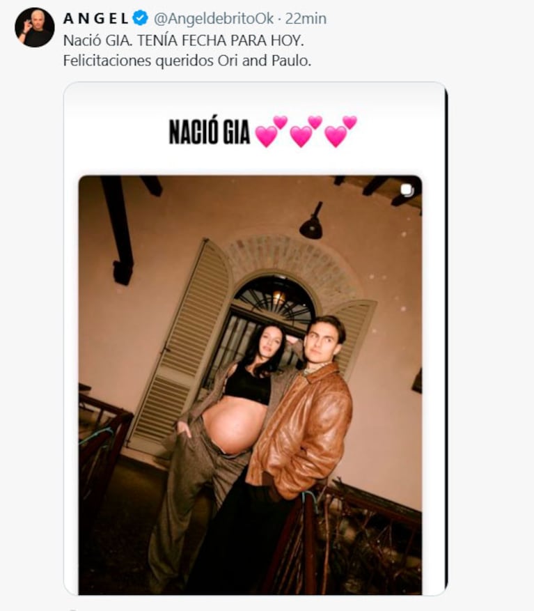 Oriana Sabatini y Paulo Dybala recibieron a Gia (captura de X)