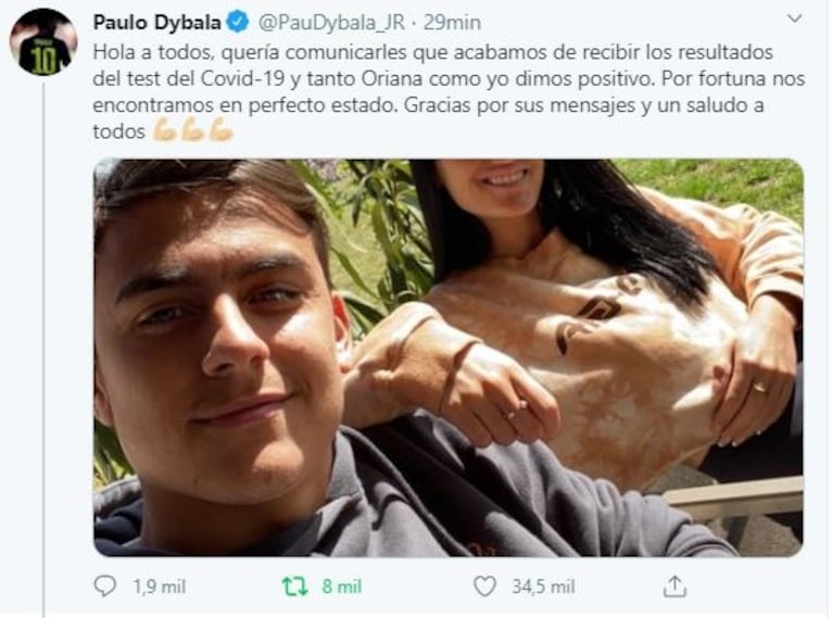 Oriana Sabatini y Paulo Dybala tienen coronavirus: "Dimos positivo, pero nos encontramos en perfecto estado"