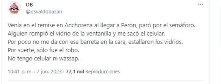 Osvaldo Bazán relató cómo fue el violento robo que sufrió camino a su casa: "No tengo más celular"