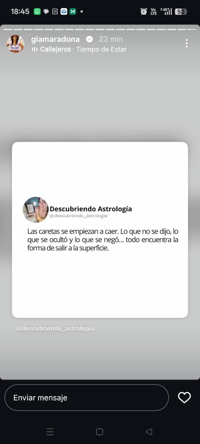 Otro de los posteos de Gianinna Maradona del jueves 15 de octubre de 2026.