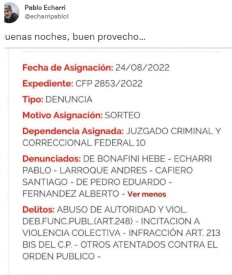 Pablo Echarri fue denunciado por "incitación a la violencia colectiva" por su defensa de Cristina Fernández