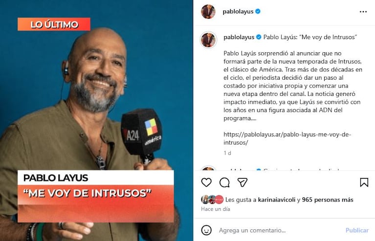 Pablo Layus anunció su polémica salida de Intrusos (Foto: Instagram @pablolayus)