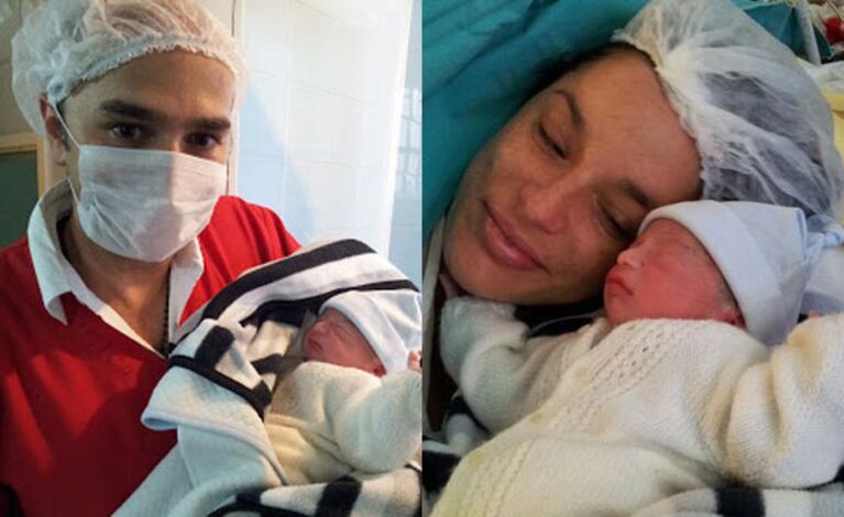 Pablo Layús, feliz con su bebé Francisco y su mujer Elsa (Fotos. Twitter). 