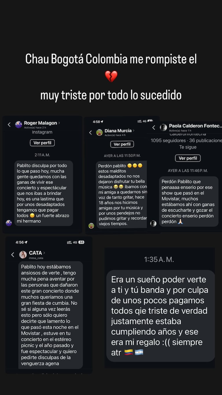 Pablo Lescano se mostró devastado tras los incidentes fatales en el recital de Damas Gratis en Colombia. Crédito: Instagram