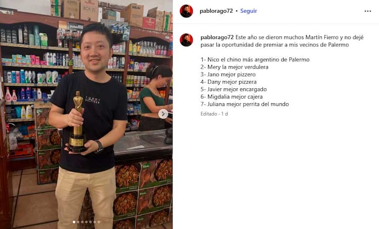 Pablo Rago entregó su propio Martín Fierro "de Palermo" (Foto: Instagram @pablorago72)