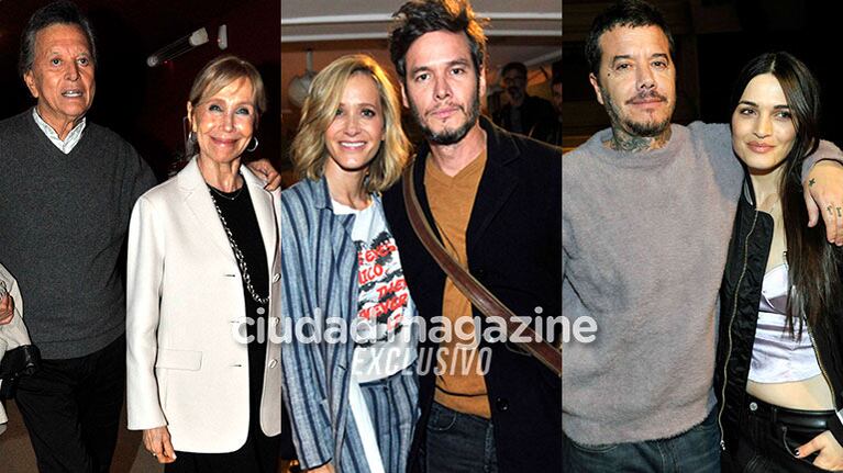 Palito Ortega y Evangelina Salazar, Julieta Prandi y Emanuel Ortega, Carla Moure y Sebastián Ortega en el teatro (Fotos: Movilpress).