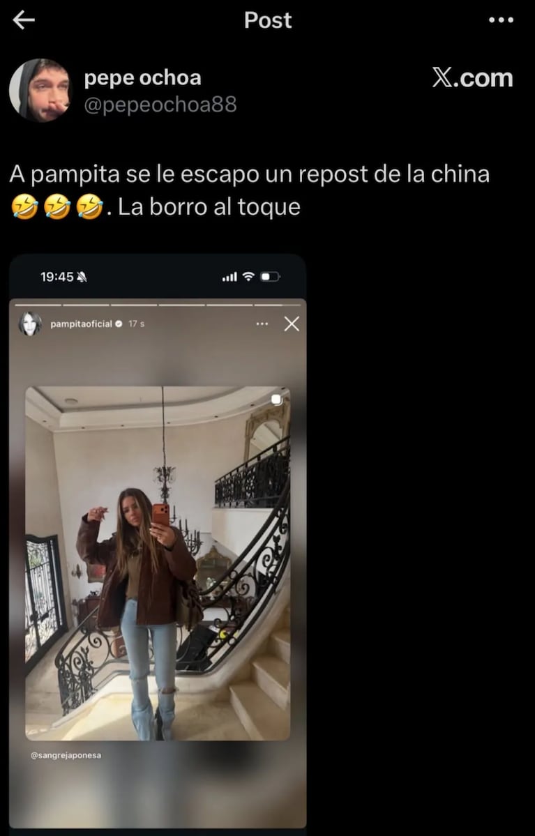 Pampita compartió una publicación de la China Suárez en sus redes (Captura: X @pepeochoa88)