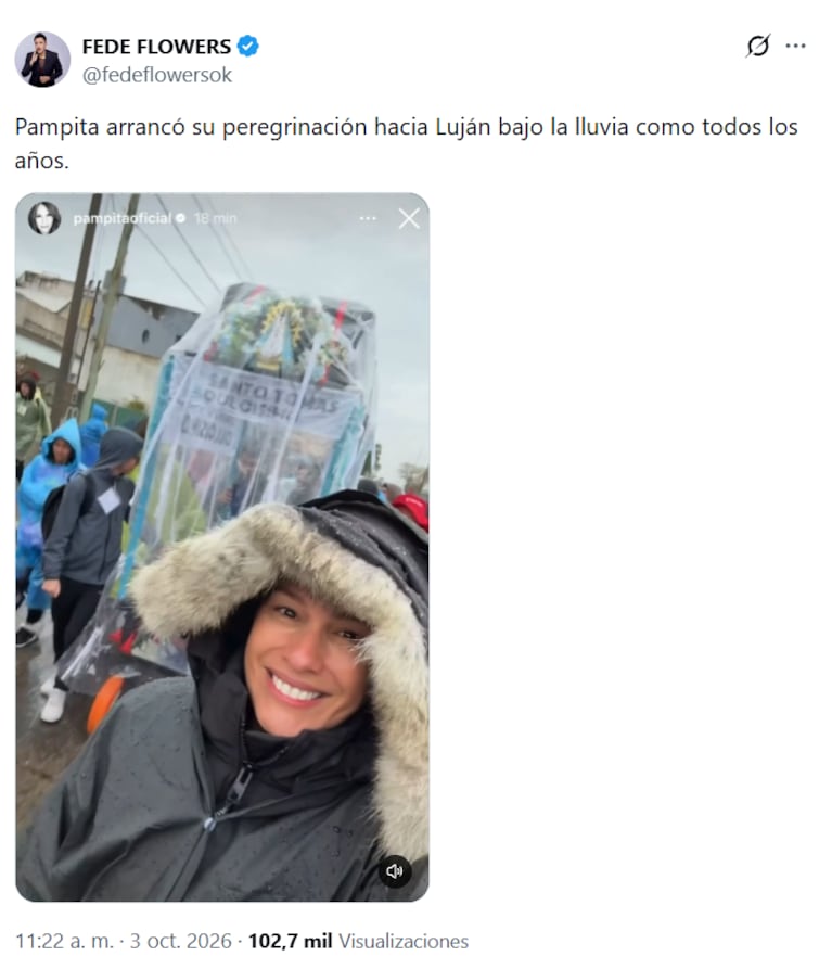 Pampita en la Peregrinación a Luján (Foto: X/@fedeflowersok).